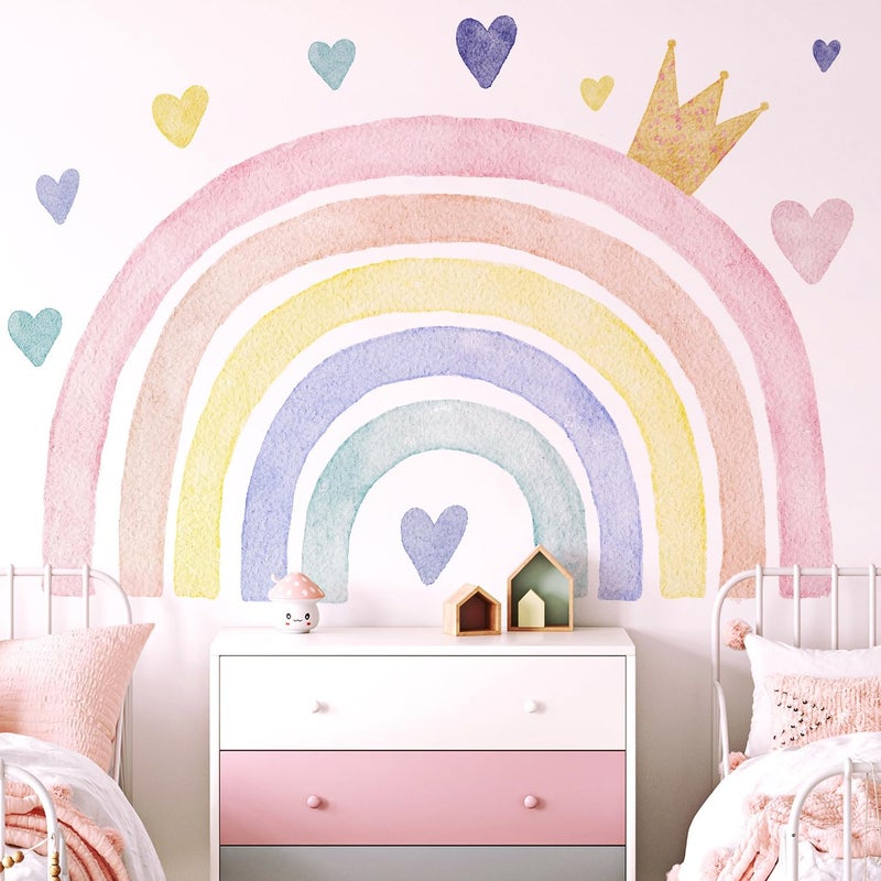 Kingarch Large Watercolor Rainbow Wall Decals, Boho Queen Peel and Stick Fabric Nursery Wall Decor, Removable Home Room Wall Decor Murals Stickers for Kids Girls Toddler Bedroom Living Room Playroom - Image 1